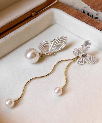 Elegant White Copper Alloy Asymmetry Butterfly Pearl Tassel Drop Earrings