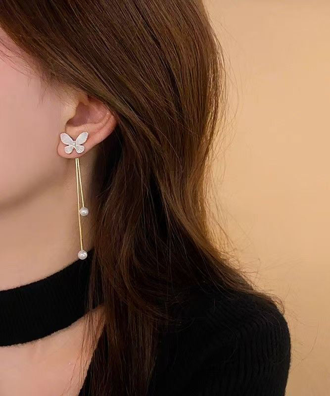 Elegant White Copper Alloy Asymmetry Butterfly Pearl Tassel Drop Earrings