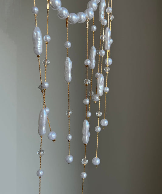 Elegant White Copper Overgild Asymmetrica Pearl Tassel Lariat Necklace