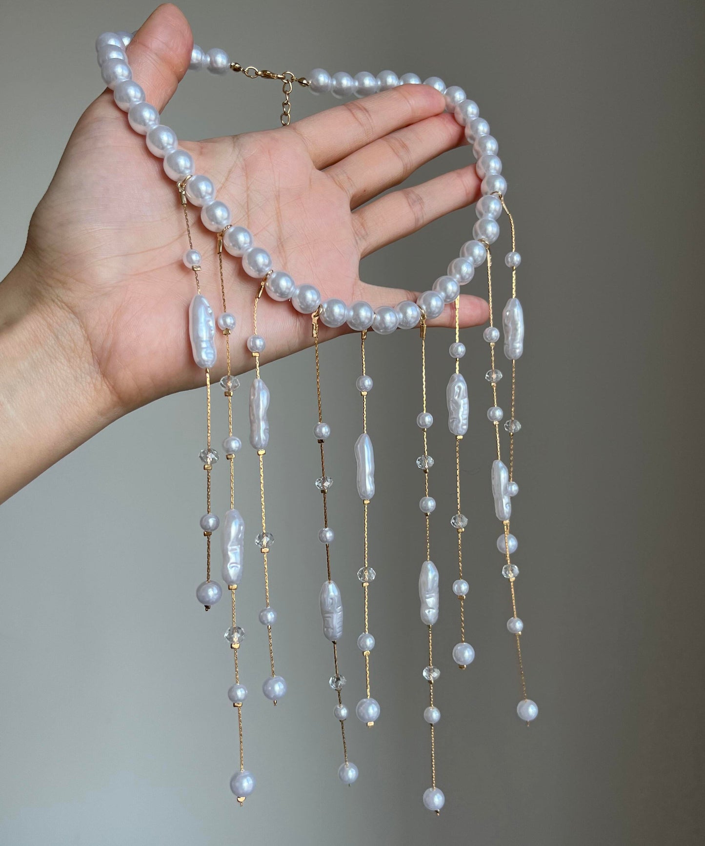 Elegant White Copper Overgild Asymmetrica Pearl Tassel Lariat Necklace