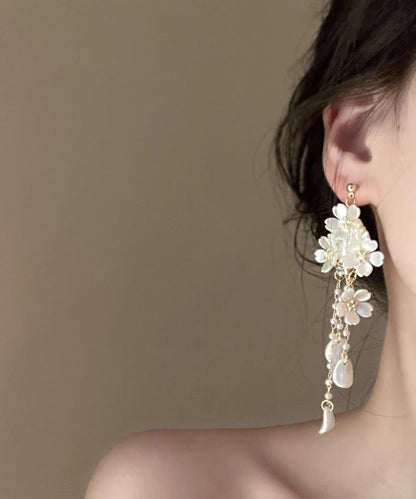 Elegant White Copper Overgild Pearl Floral Tassel Drop Earrings