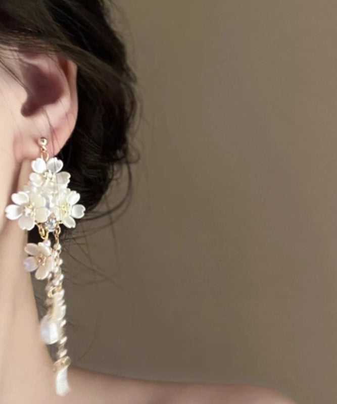 Elegant White Copper Overgild Pearl Floral Tassel Drop Earrings