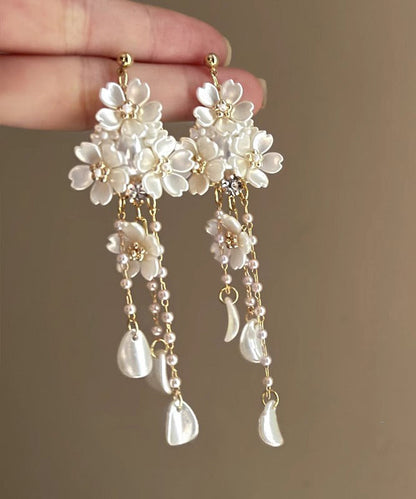 Elegant White Copper Overgild Pearl Floral Tassel Drop Earrings