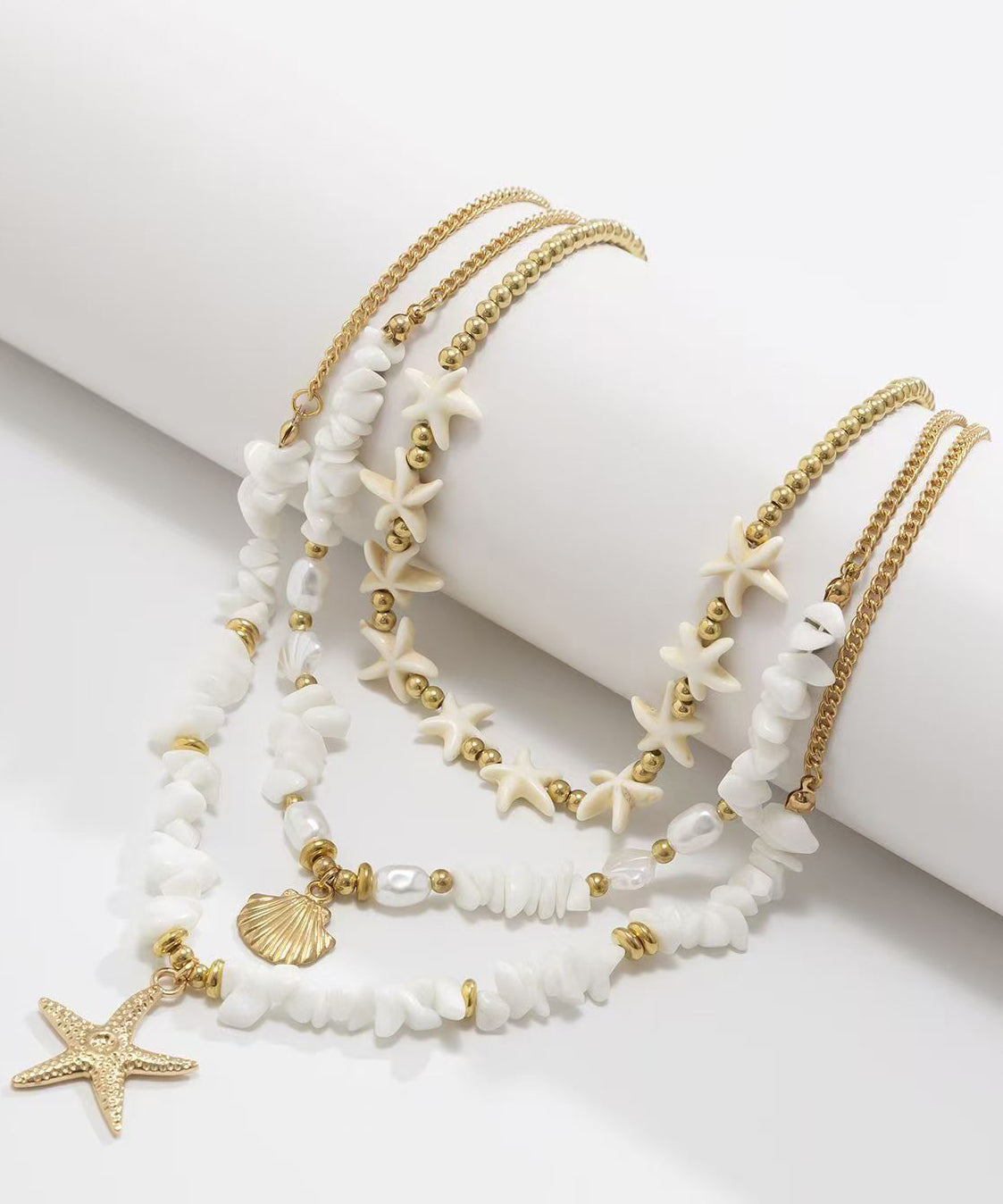 Elegant White Copper Starfish Shell Layered Pendant Necklace