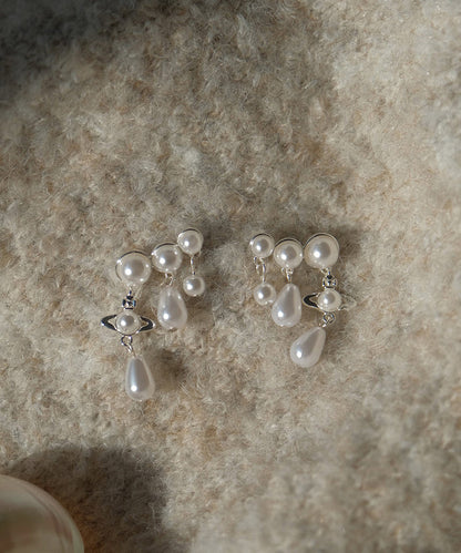 Elegant White Copper Zircon Pearl Tassel Drop Earrings