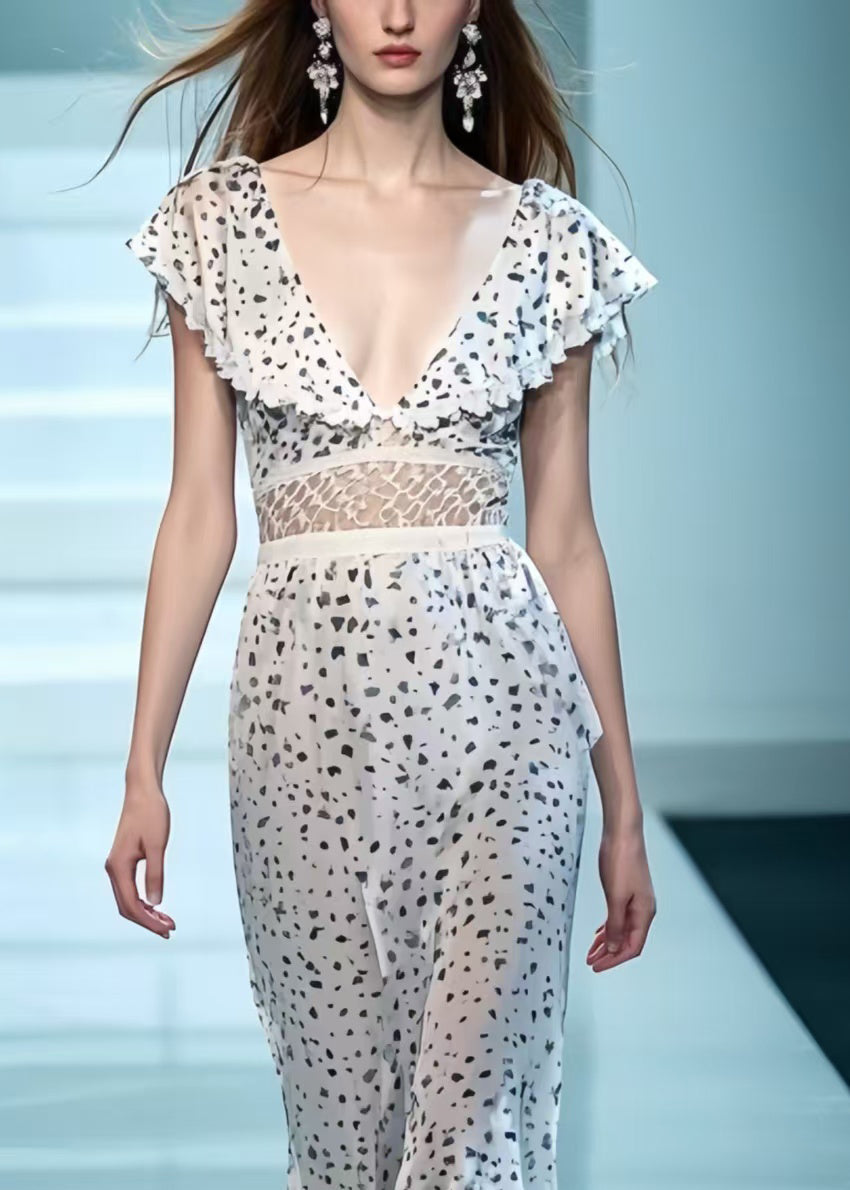 Elegant White Deep-V Patchwork Print Chiffon Party Dress Summer