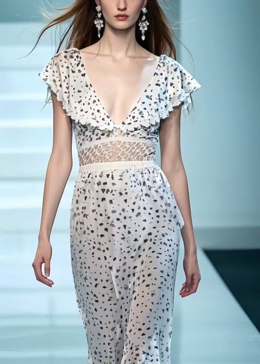 Elegant White Deep-V Patchwork Print Chiffon Party Dress Summer