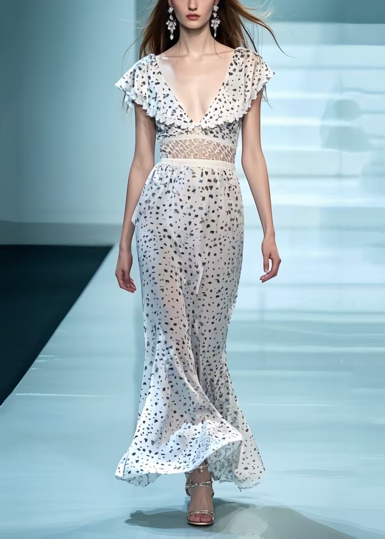 Elegant White Deep-V Patchwork Print Chiffon Party Dress Summer