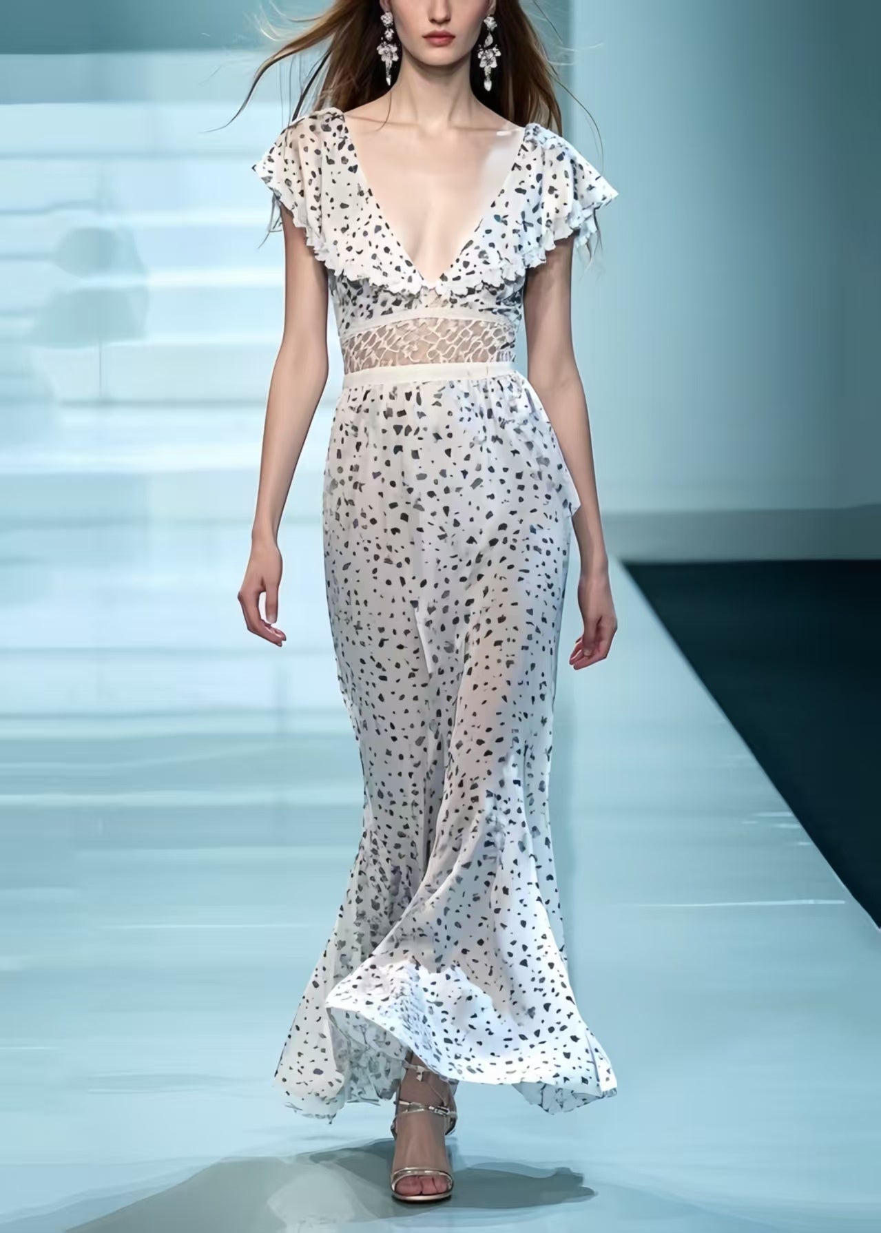 Elegant White Deep-V Patchwork Print Chiffon Party Dress Summer