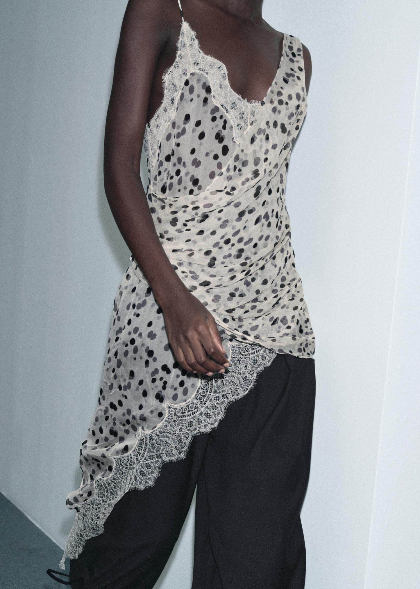 Elegant White Dot Asymmetrical Chiffon Spaghetti Strap Tops Summer
