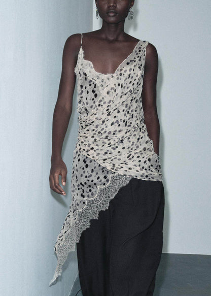 Elegant White Dot Asymmetrical Chiffon Spaghetti Strap Tops Summer