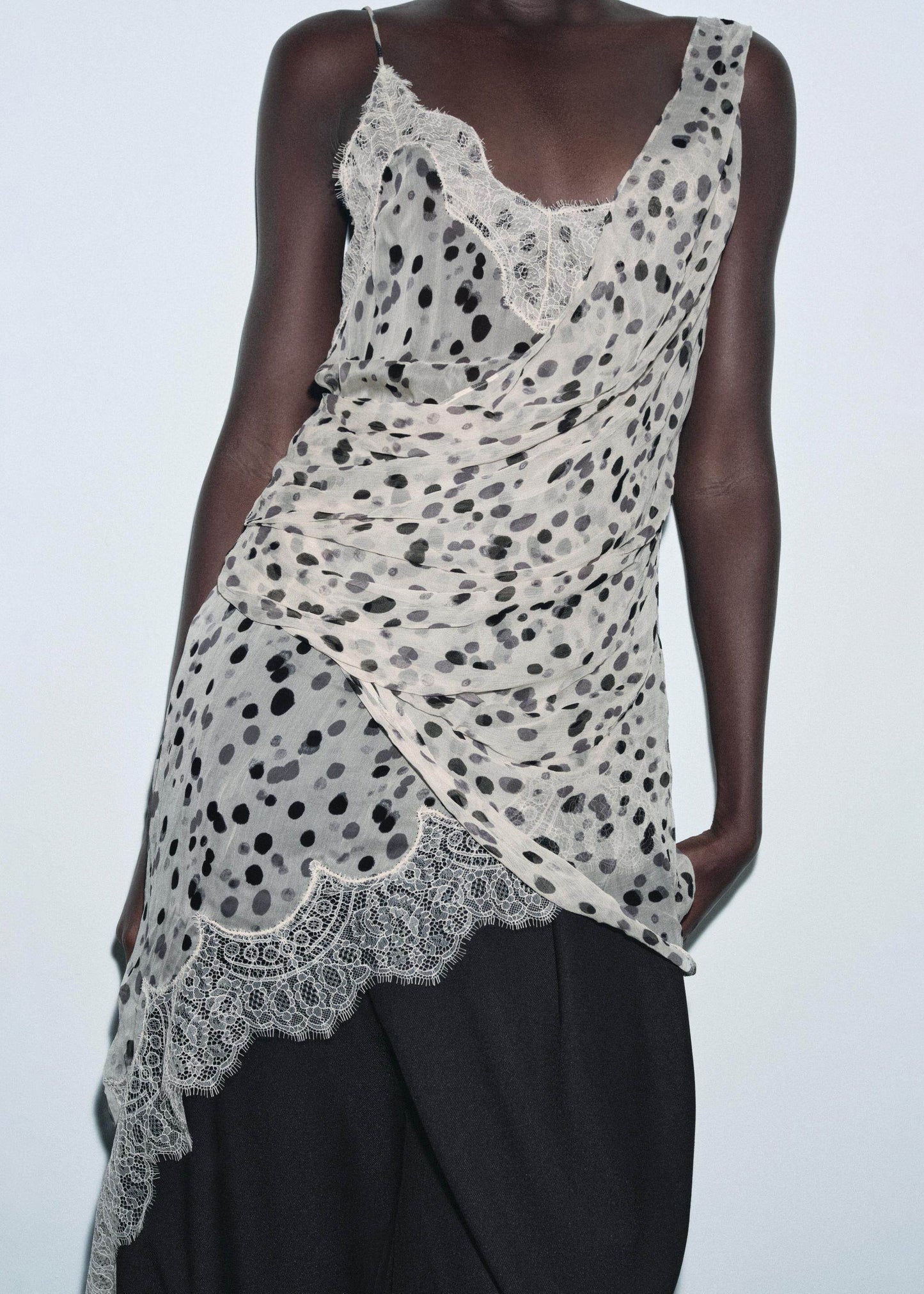 Elegant White Dot Asymmetrical Chiffon Spaghetti Strap Tops Summer
