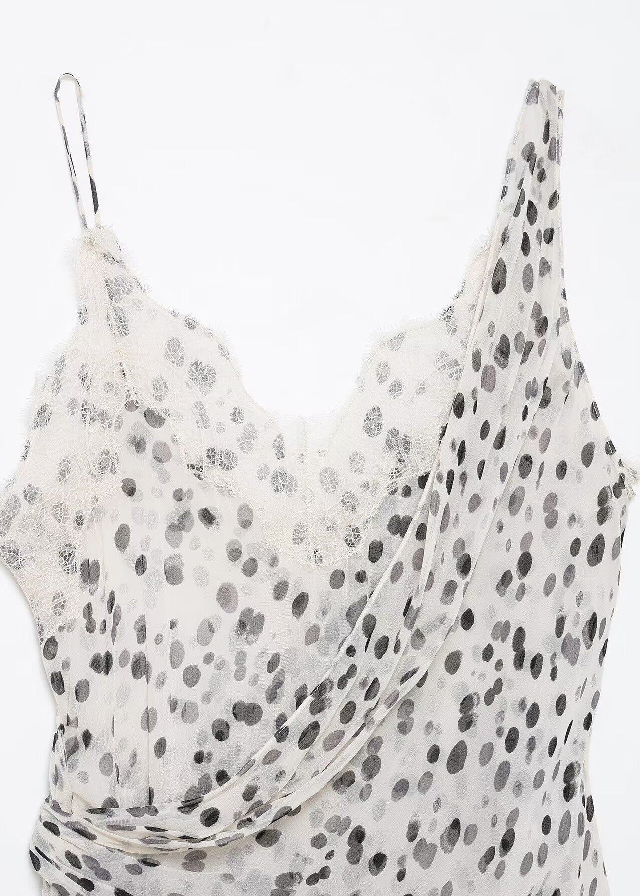 Elegant White Dot Asymmetrical Chiffon Spaghetti Strap Tops Summer