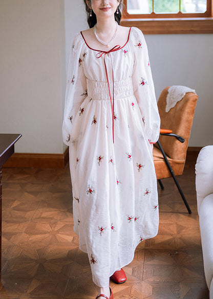 Elegante weiße, bestickte, lange Baumwollkleider mit elastischem Bund für den Herbst