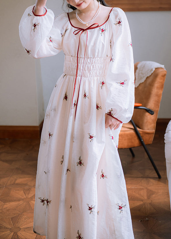 Elegante weiße, bestickte, lange Baumwollkleider mit elastischem Bund für den Herbst