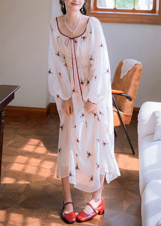 Elegante weiße, bestickte, lange Baumwollkleider mit elastischem Bund für den Herbst