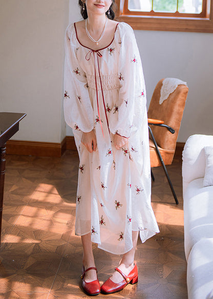 Elegante weiße, bestickte, lange Baumwollkleider mit elastischem Bund für den Herbst