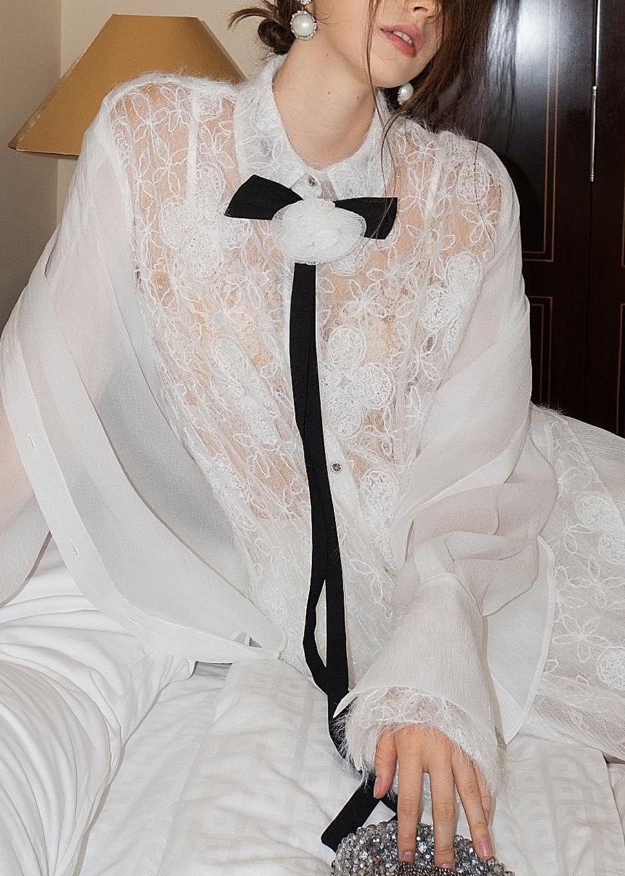 Elegant White Embroidered Lace Shirts And Skirts Tulle Two Pieces Set