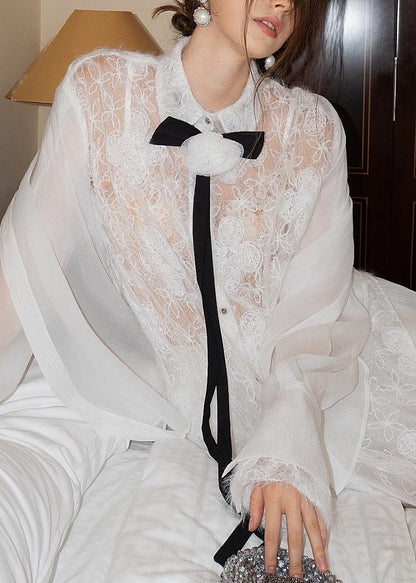 Elegant White Embroidered Lace Shirts And Skirts Tulle Two Pieces Set