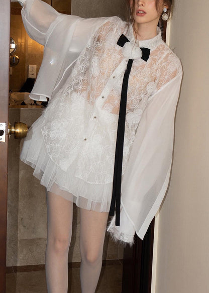 Elegant White Embroidered Lace Shirts And Skirts Tulle Two Pieces Set
