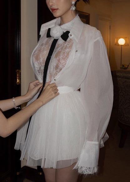 Elegant White Embroidered Lace Shirts And Skirts Tulle Two Pieces Set