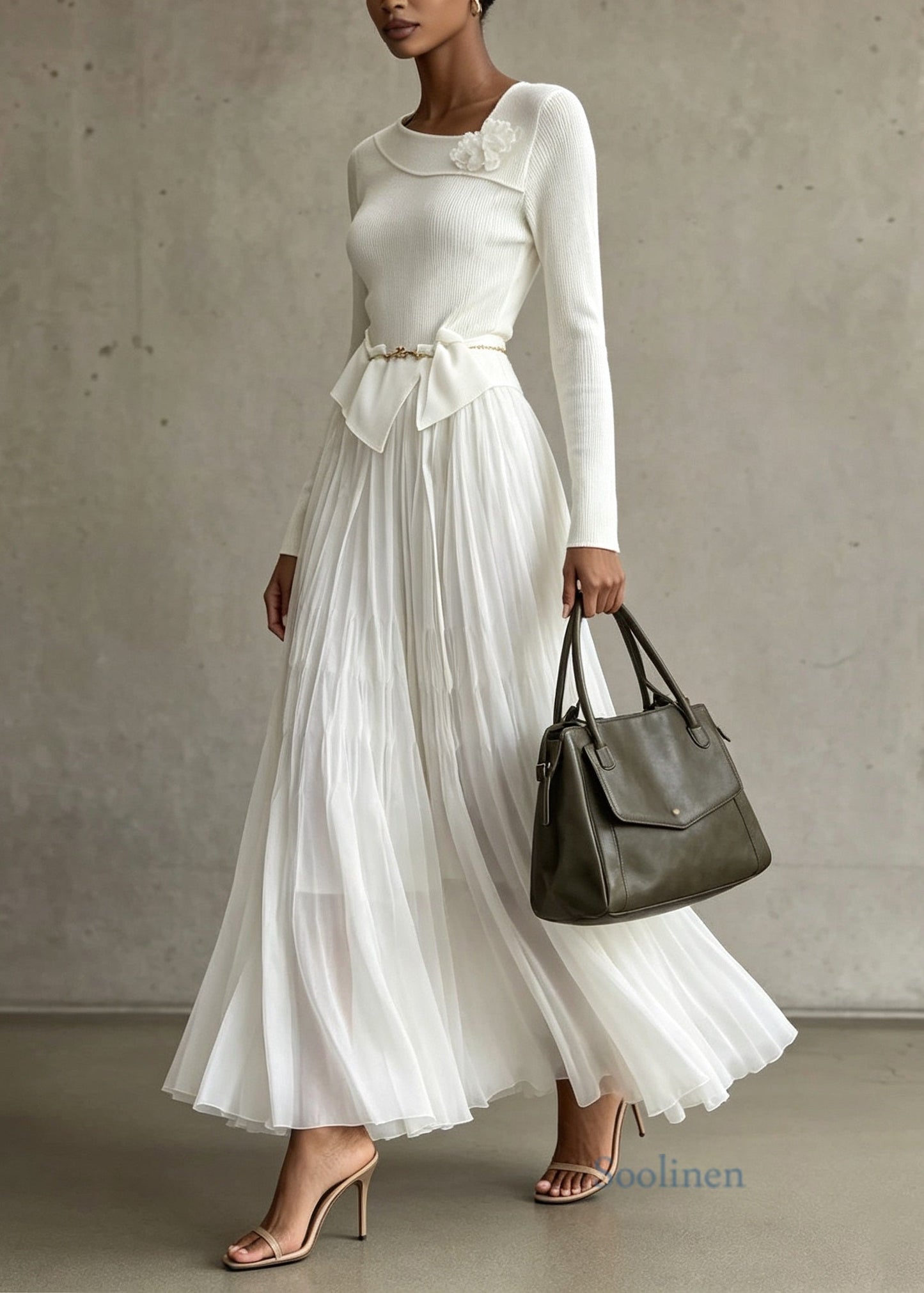 Elegant White Floral Wrinkled Patchwork Knit Long Dress Fall