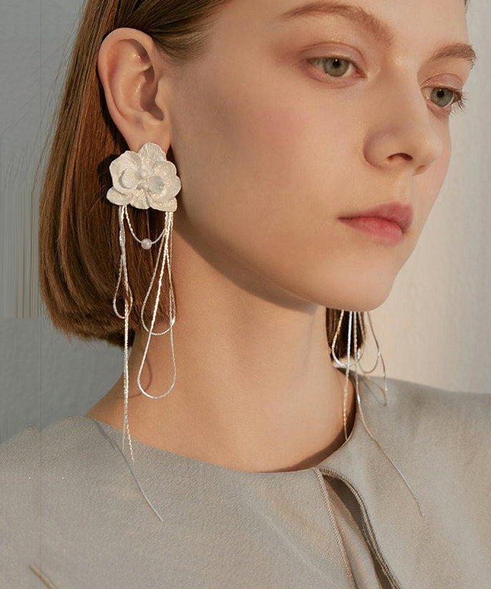 Elegant White Flower Tasseled Metal Drop Earrings