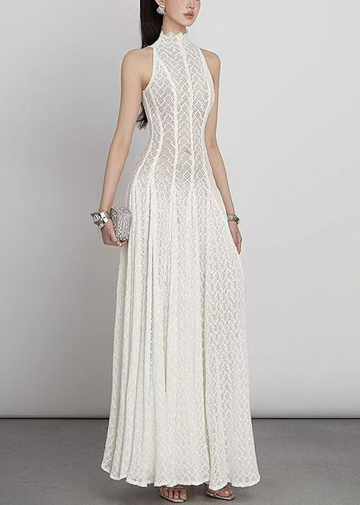 Elegant White Hollow Out Solid Lace Maxi Dress Sleeveless