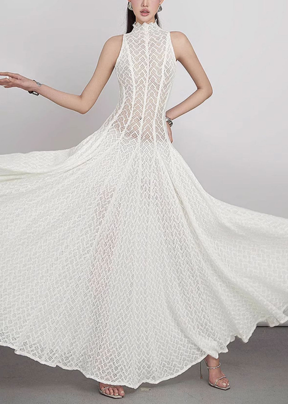 Elegant White Hollow Out Solid Lace Maxi Dress Sleeveless