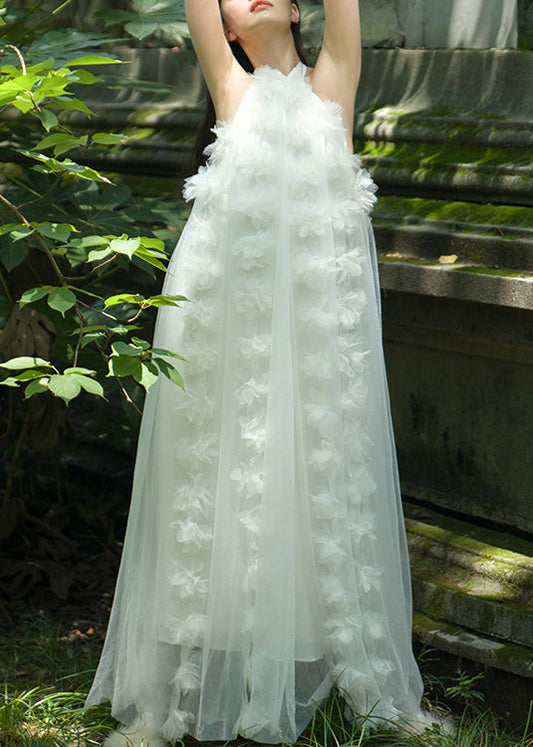 Elegante weiße Schnürung Solid Tüll Maxi Kleider Sommer