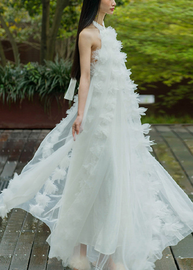 Elegante weiße Schnürung Solid Tüll Maxi Kleider Sommer