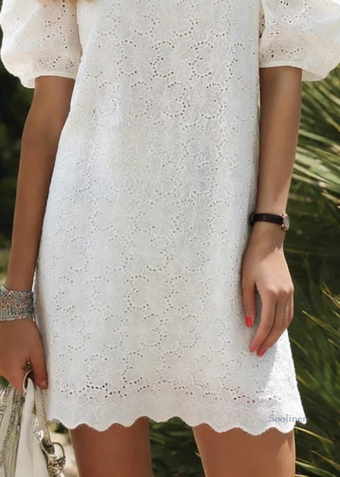 Elegant White O Neck Hollow Out Cotton Dress Puff Sleeve