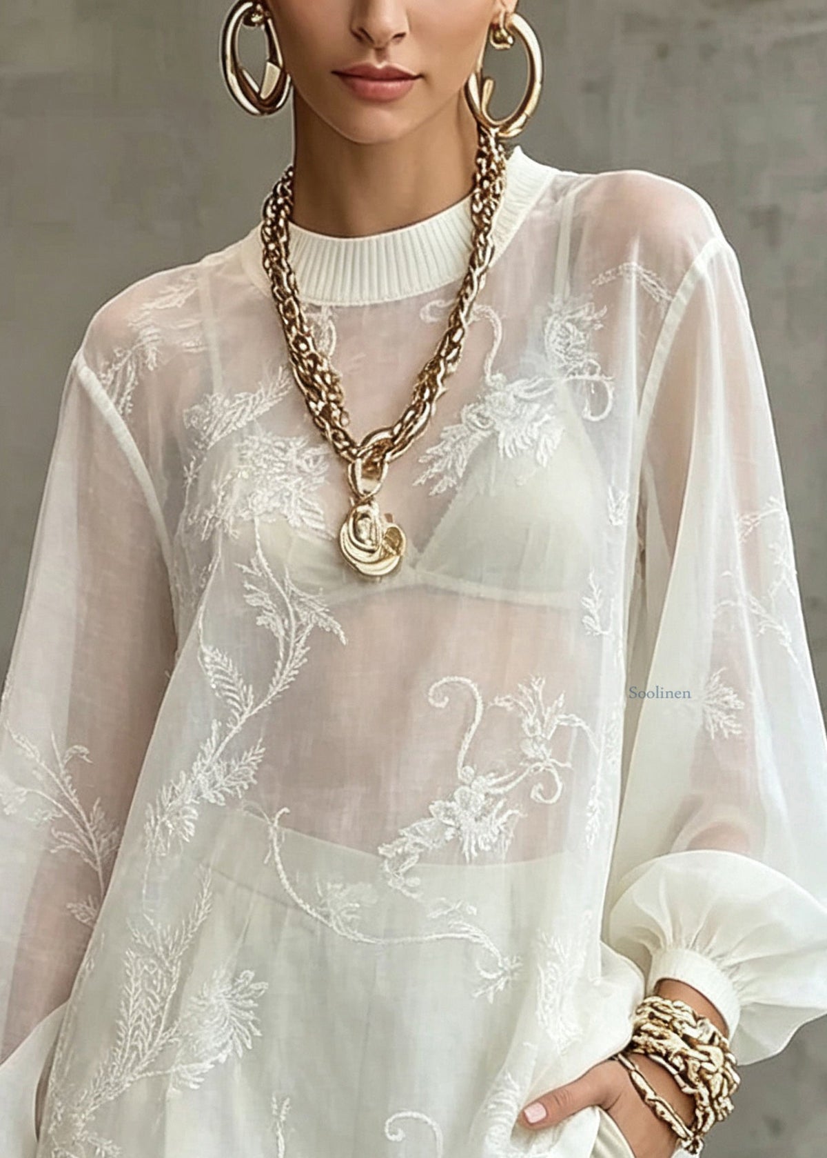 Elegant White O-Neck Patchwork Top Lantern Sleeve