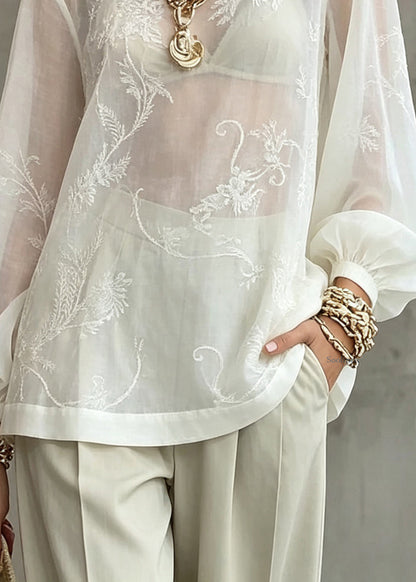 Elegant White O-Neck Patchwork Top Lantern Sleeve