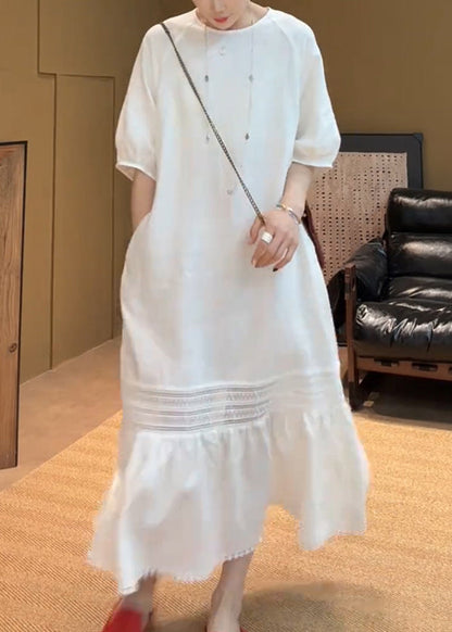 Elegant White O Neck Pockets Solid Cotton Long Dress Summer