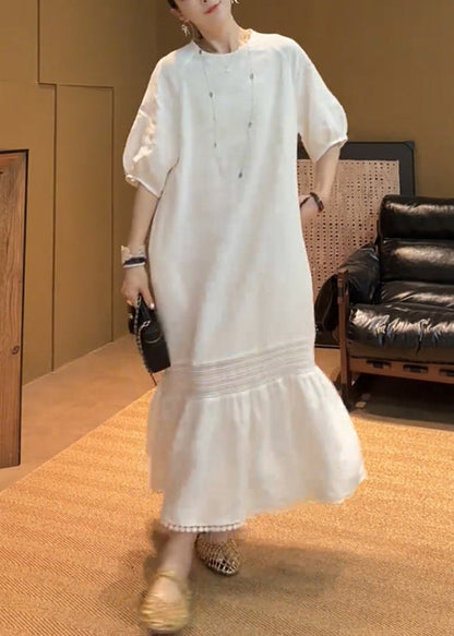 Elegant White O Neck Pockets Solid Cotton Long Dress Summer