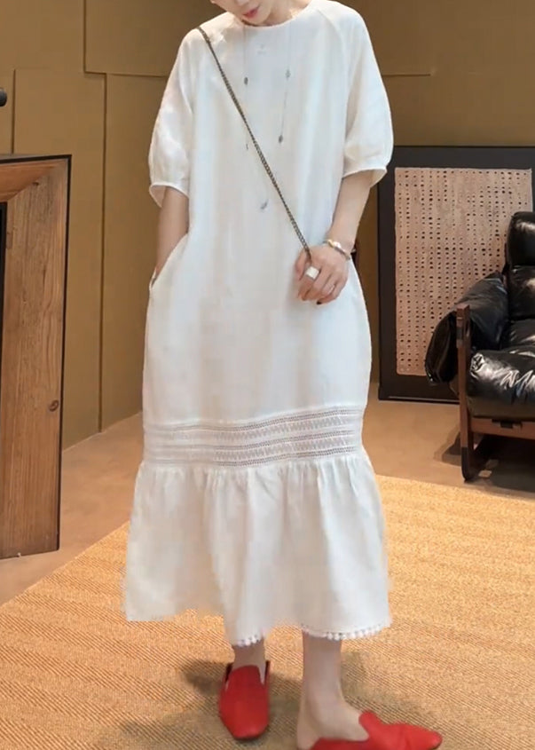Elegant White O Neck Pockets Solid Cotton Long Dress Summer