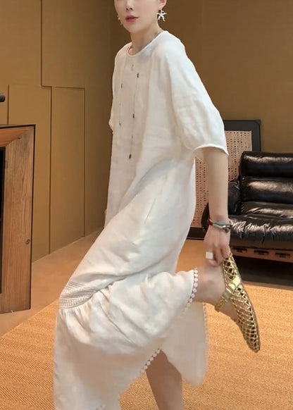 Elegant White O Neck Pockets Solid Cotton Long Dress Summer