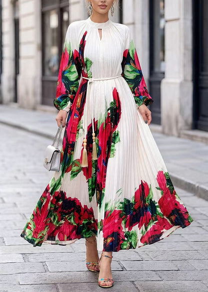 Elegant White O Neck Print Chiffon Maxi Dresses Spring