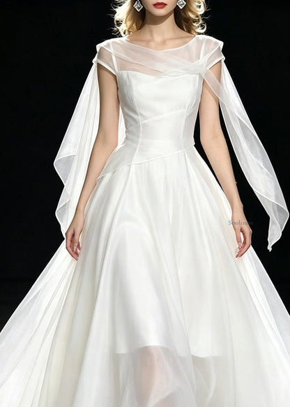 Elegant White O-Neck Solid Silk Maxi Dresses Short Sleeve