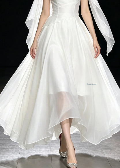 Elegant White O-Neck Solid Silk Maxi Dresses Short Sleeve