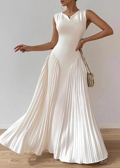 Elegant White O Neck Wrinkled Patchwork Cotton Long Dresses Sleeveless