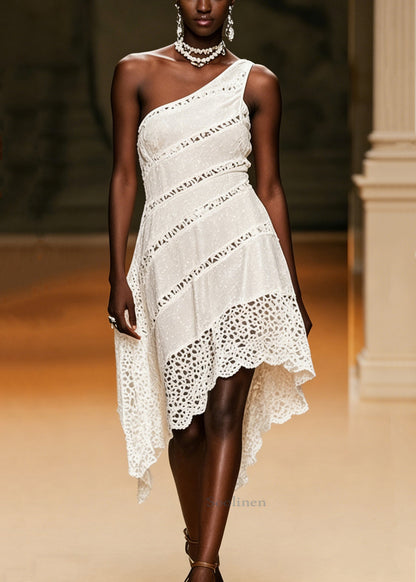 Elegant White One Shoulder Hollow Out Cotton Long Dresses Sleeveless