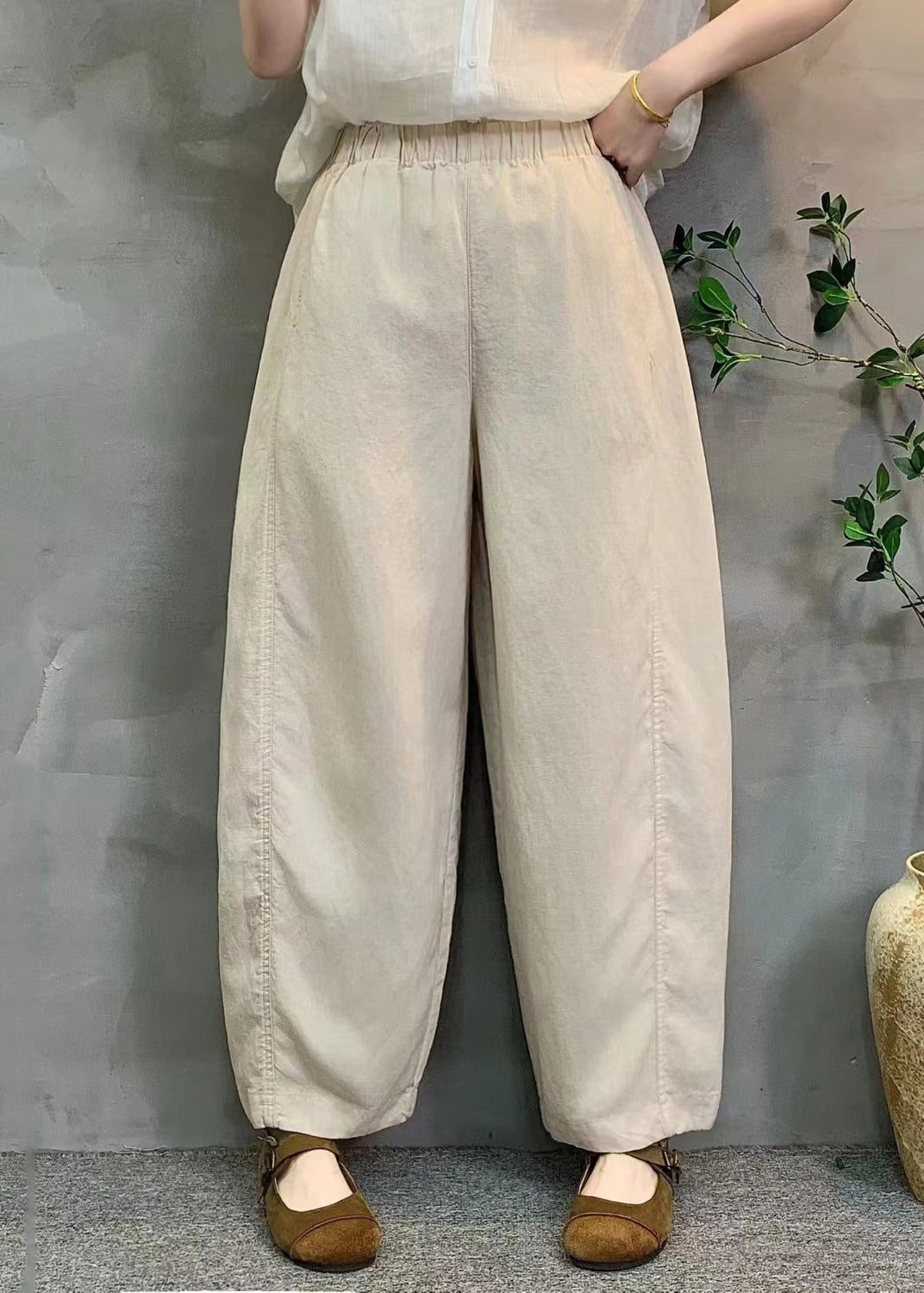 Elegant White Oversized Elastic Waist Linen Pants Summer