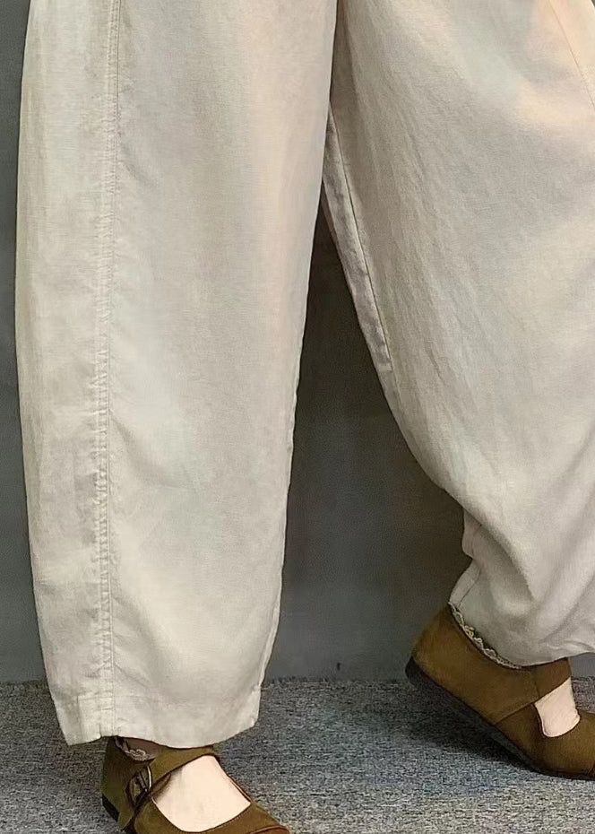 Elegant White Oversized Elastic Waist Linen Pants Summer