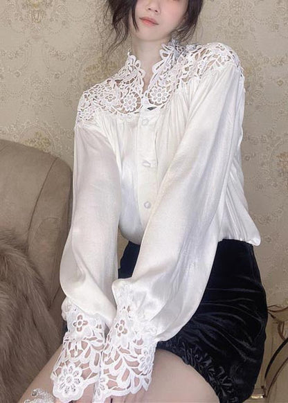 Elegant White Oversized Patchwork Lace Blouse Tops Summer