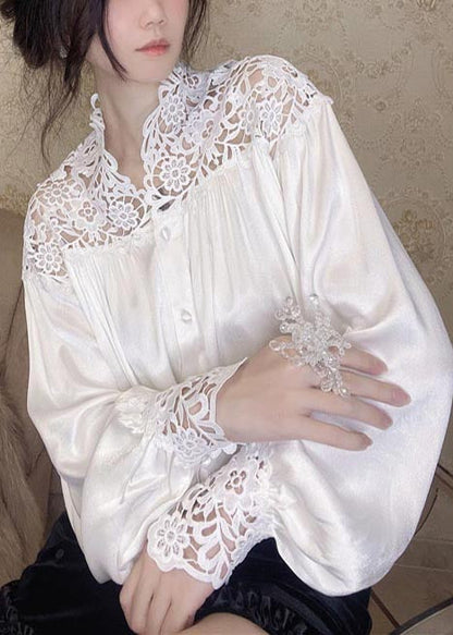 Elegant White Oversized Patchwork Lace Blouse Tops Summer