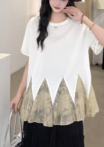Elegant White Oversized Patchwork Tulle Tops Summer