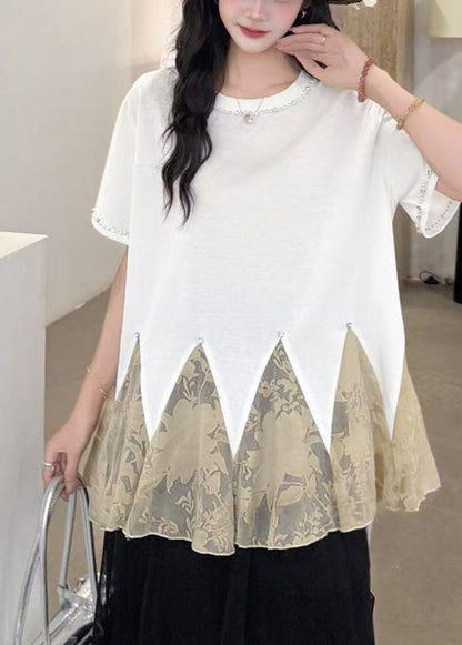 Elegant White Oversized Patchwork Tulle Tops Summer