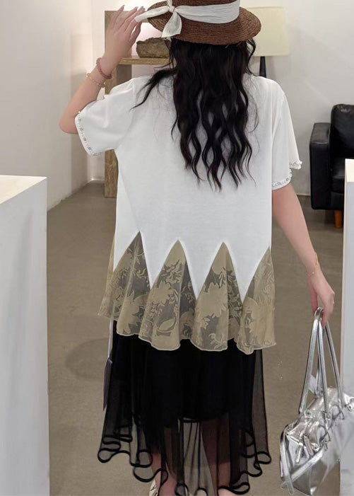 Elegant White Oversized Patchwork Tulle Tops Summer